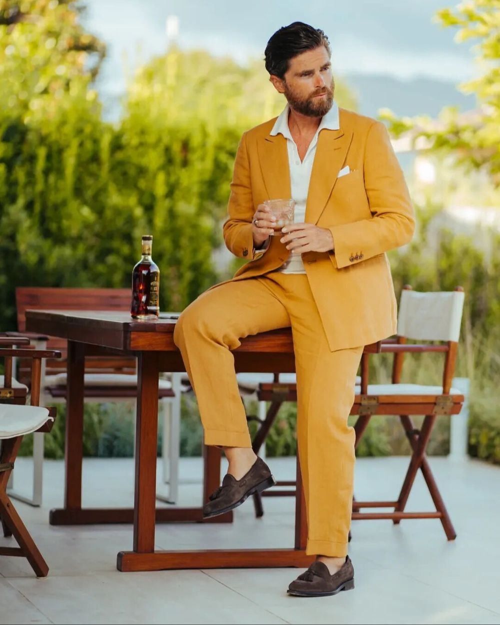 Mustard Yellow Suit with White Polo Shirt and Loafers