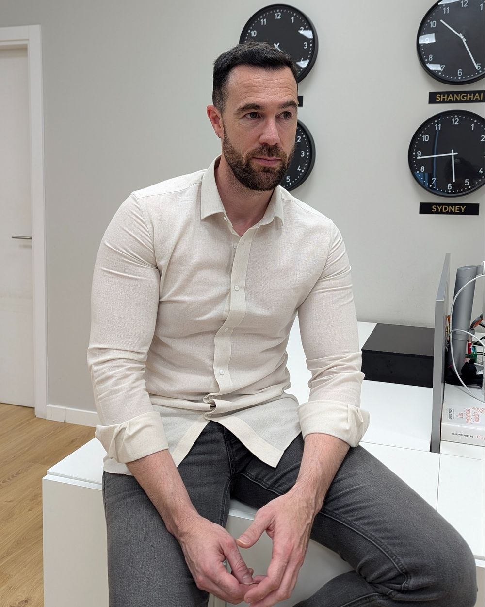 White Shirt and gray jeans