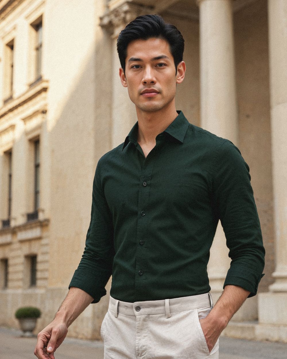 Dark Green Linen Shirt with Light Beige Trousers
