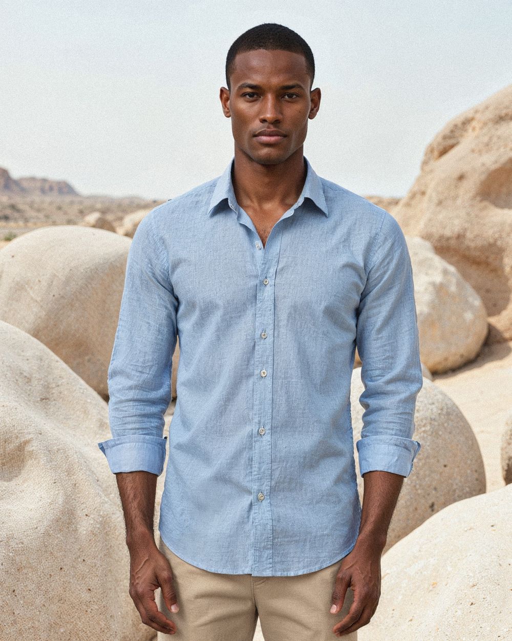 Sky Blue Linen Shirt with Beige Bermuda Shorts