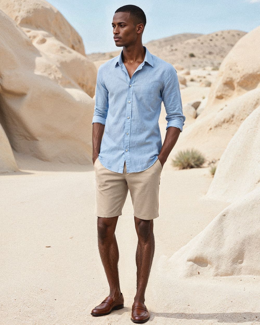 Sky Blue Linen Shirt with Beige Bermuda Shorts