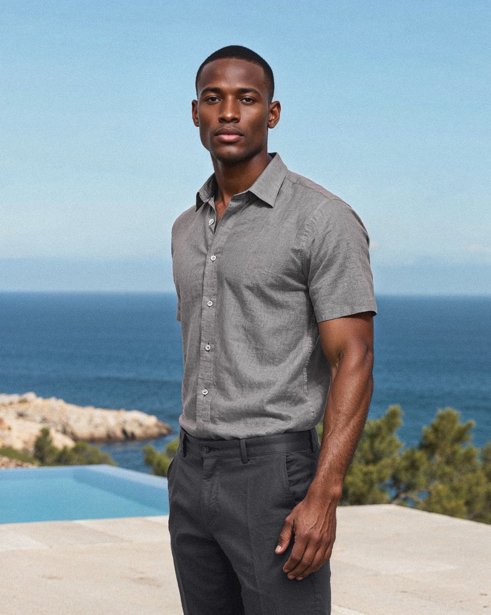 Taupe Short-Sleeve Shirt with Charcoal Trousers