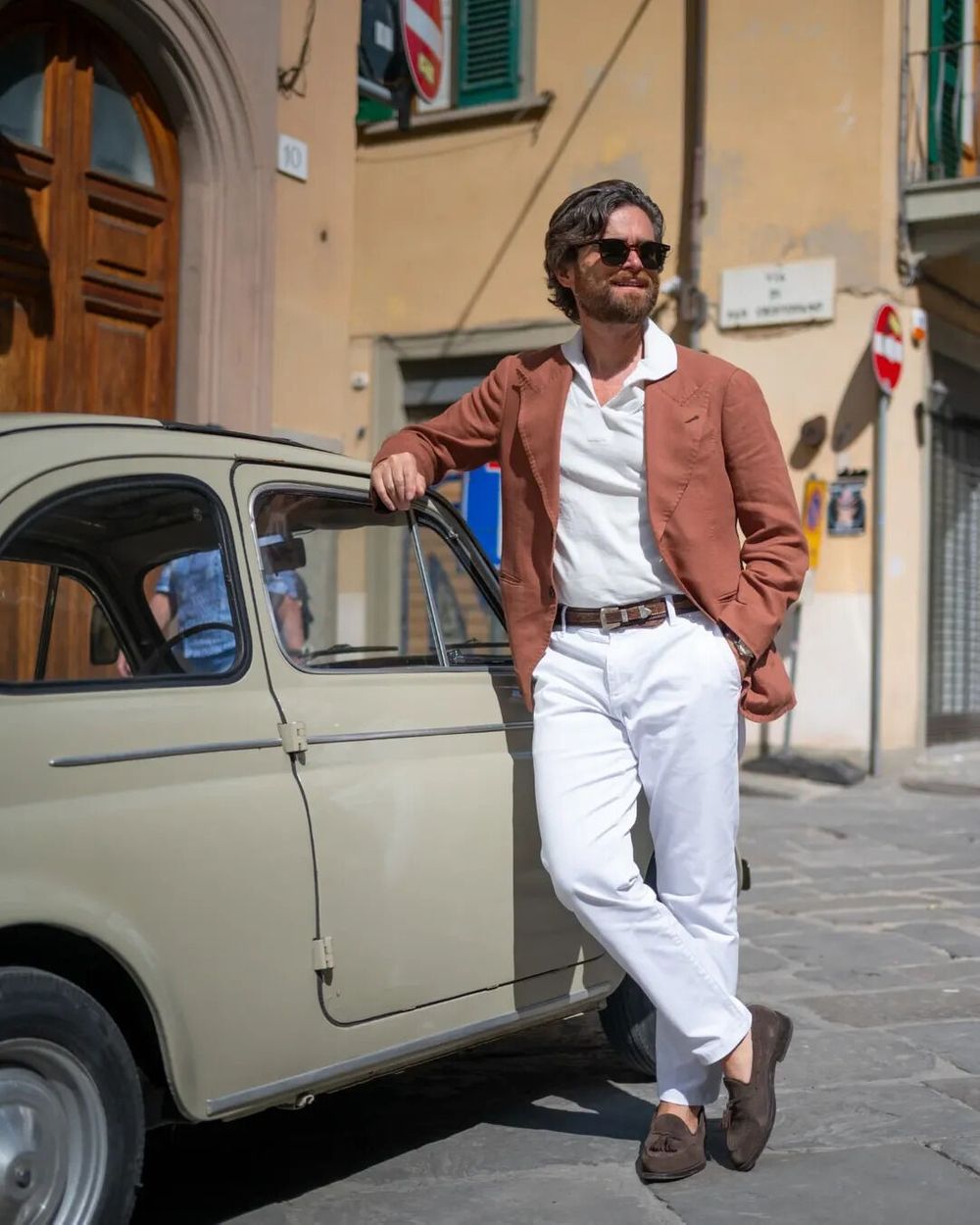 Terracotta Blazer with White Polo Shirt and Trousers