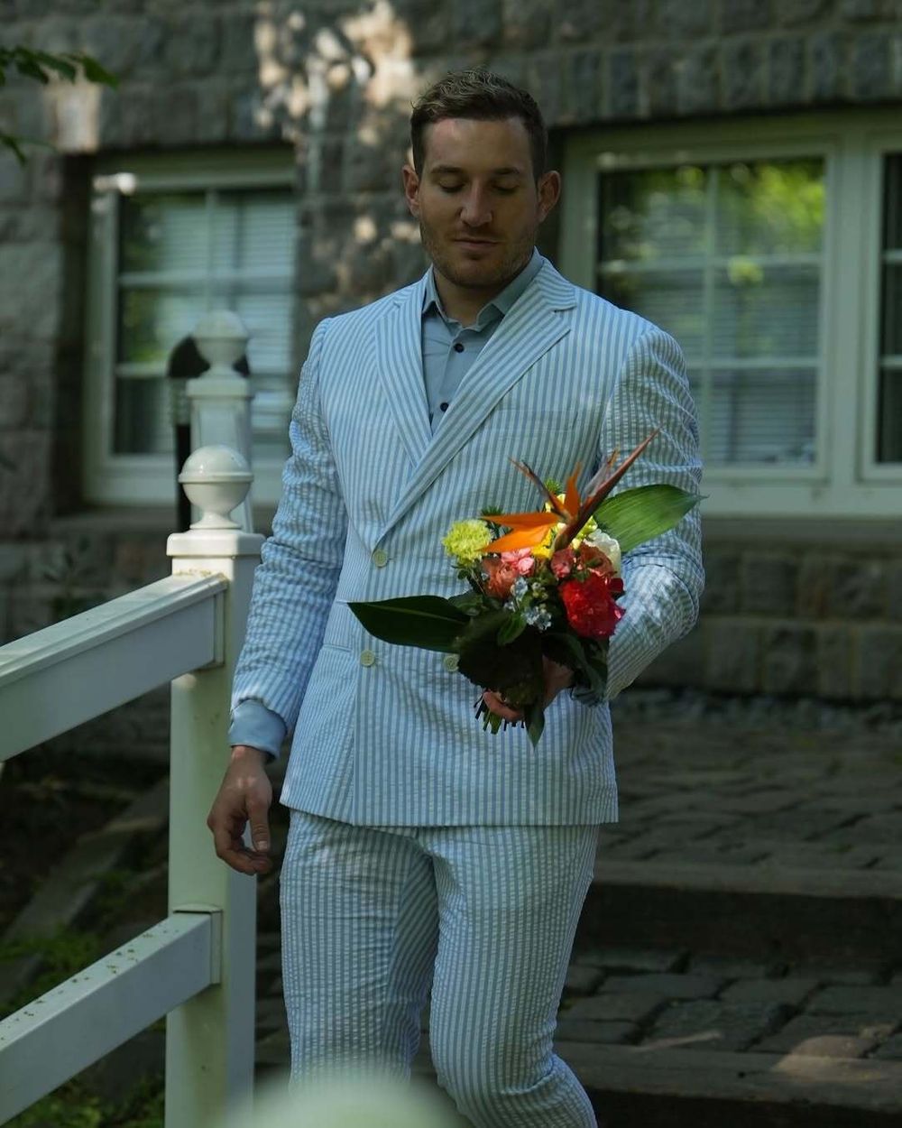 Blue Striped Seersucker Suit with Light Blue Dress Shirt