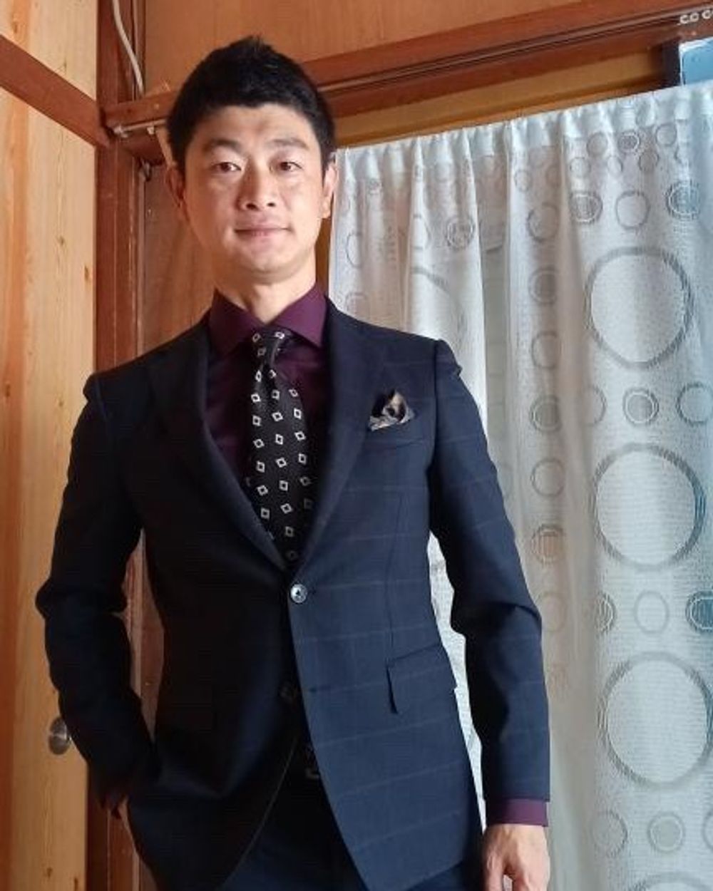 Navy Check Suit with Plum Shirt and Patterned Tie