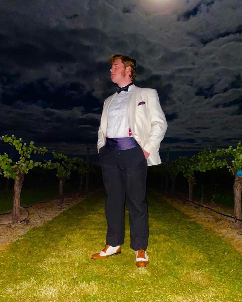 White Dinner Jacket with Black Trousers and Two-Tone Oxford Shoes