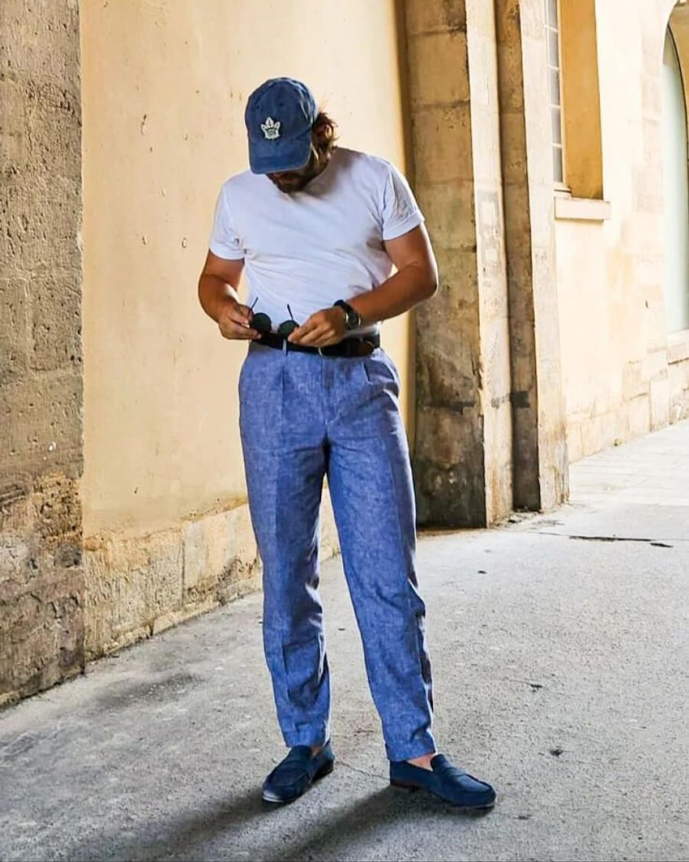 White Fitted T-Shirt with Light Blue Linen Trousers