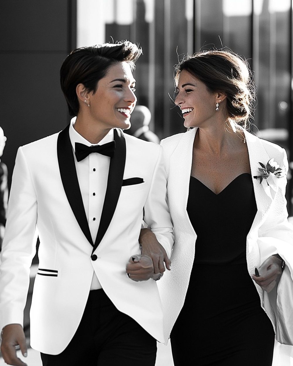 White Tuxedo with Black Lapels and Evening Dress Pairing White Tuxedo with Black Lapels and Evening Dress Pairing