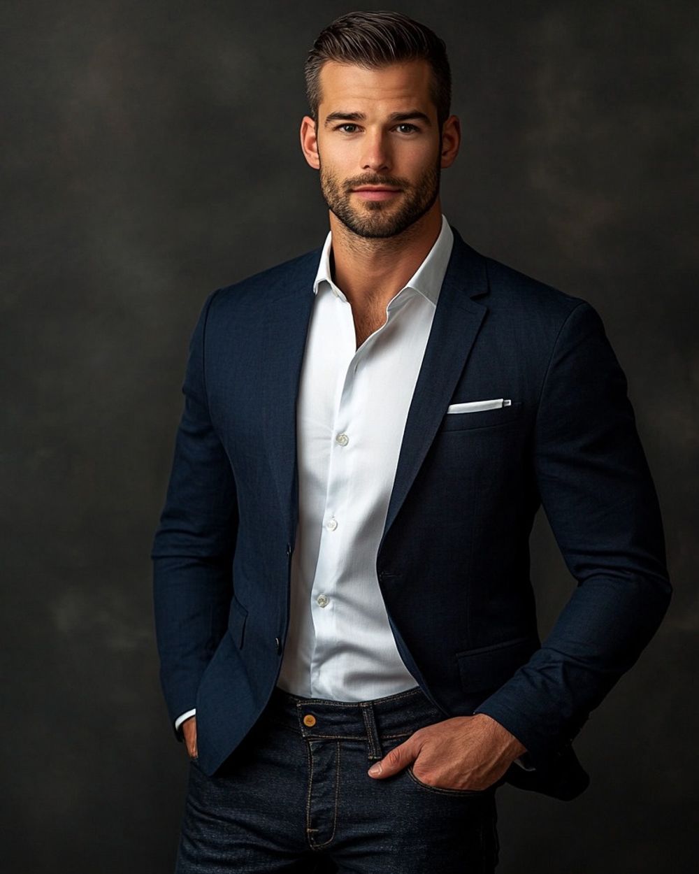 Navy Blazer with White Shirt and Dark Jeans