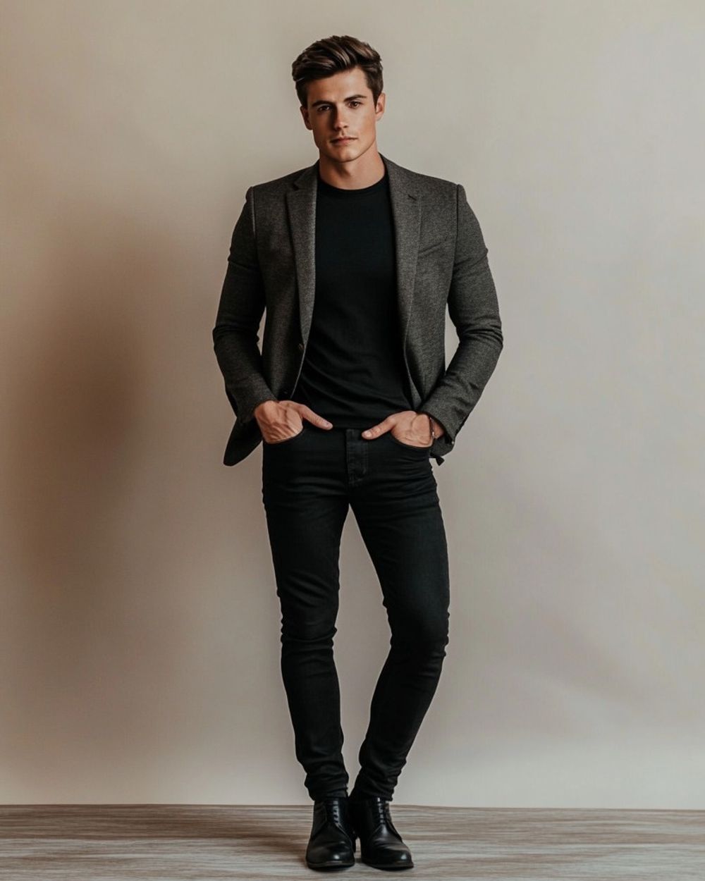 Gray Textured Blazer with Black T-shirt and Slim Black Jeans