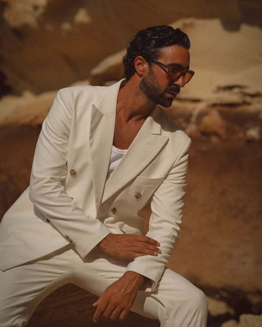 Ivory Double-Breasted Suit with White Tank Top