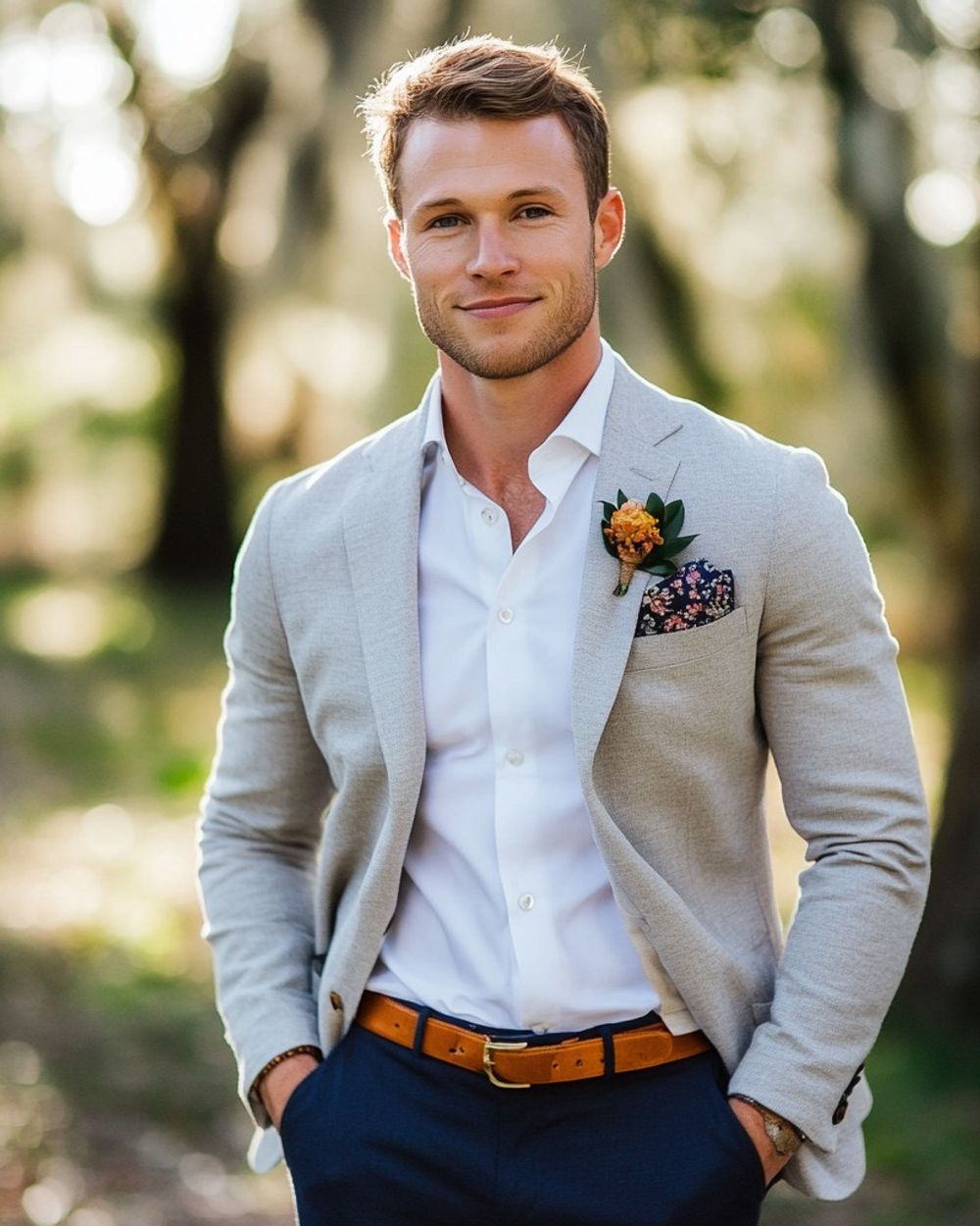 Light Gray Blazer with White Shirt and Navy Trousers