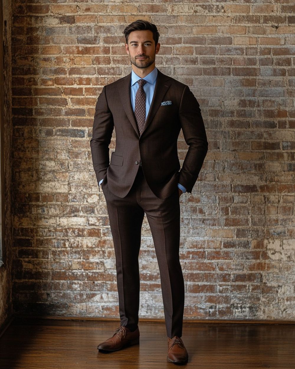 Dark Brown Suit with Blue Shirt