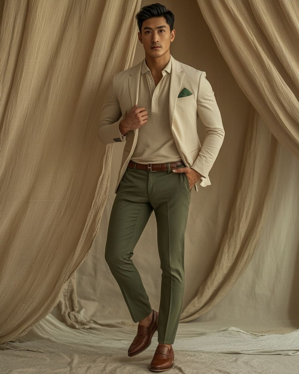 Cream Blazer with Olive Trousers and Polo Shirt