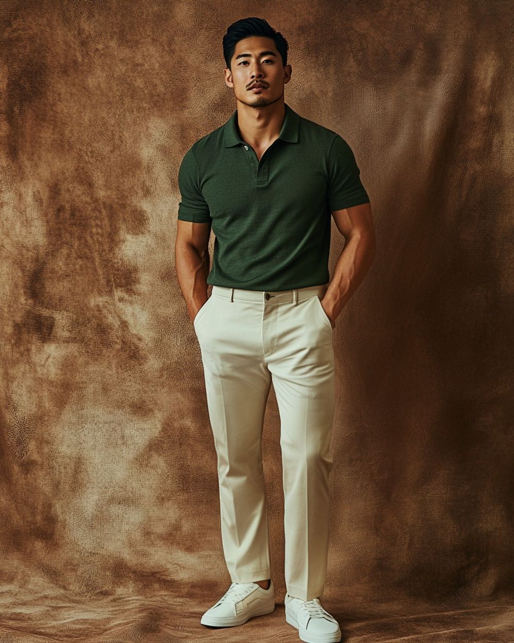 Forest Green Polo Shirt with Beige Trousers