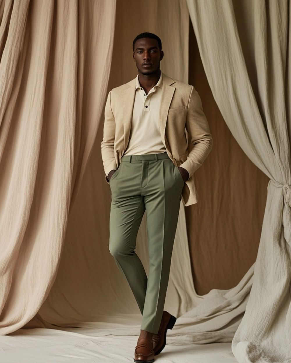 Beige Blazer with Cream Polo and Olive Green Trousers
