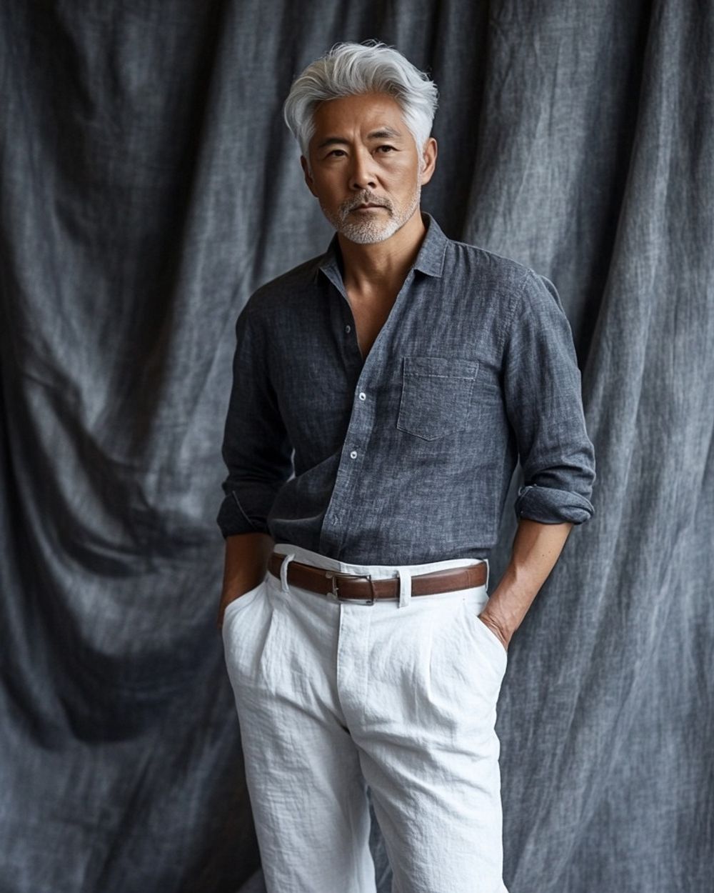Charcoal Linen Shirt with White Linen Trousers
