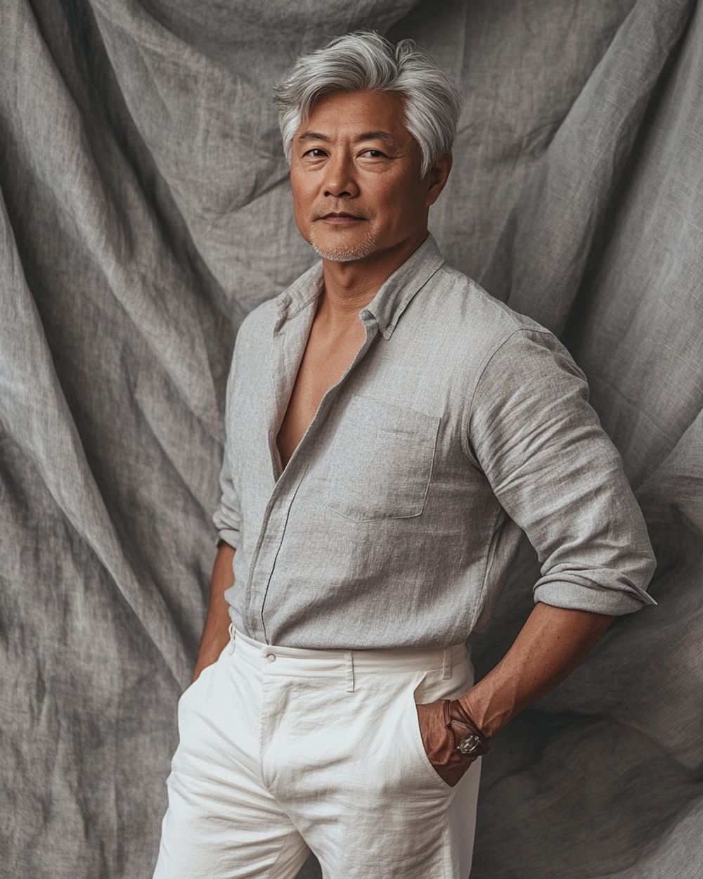 Gray Linen Shirt with White Linen Trousers