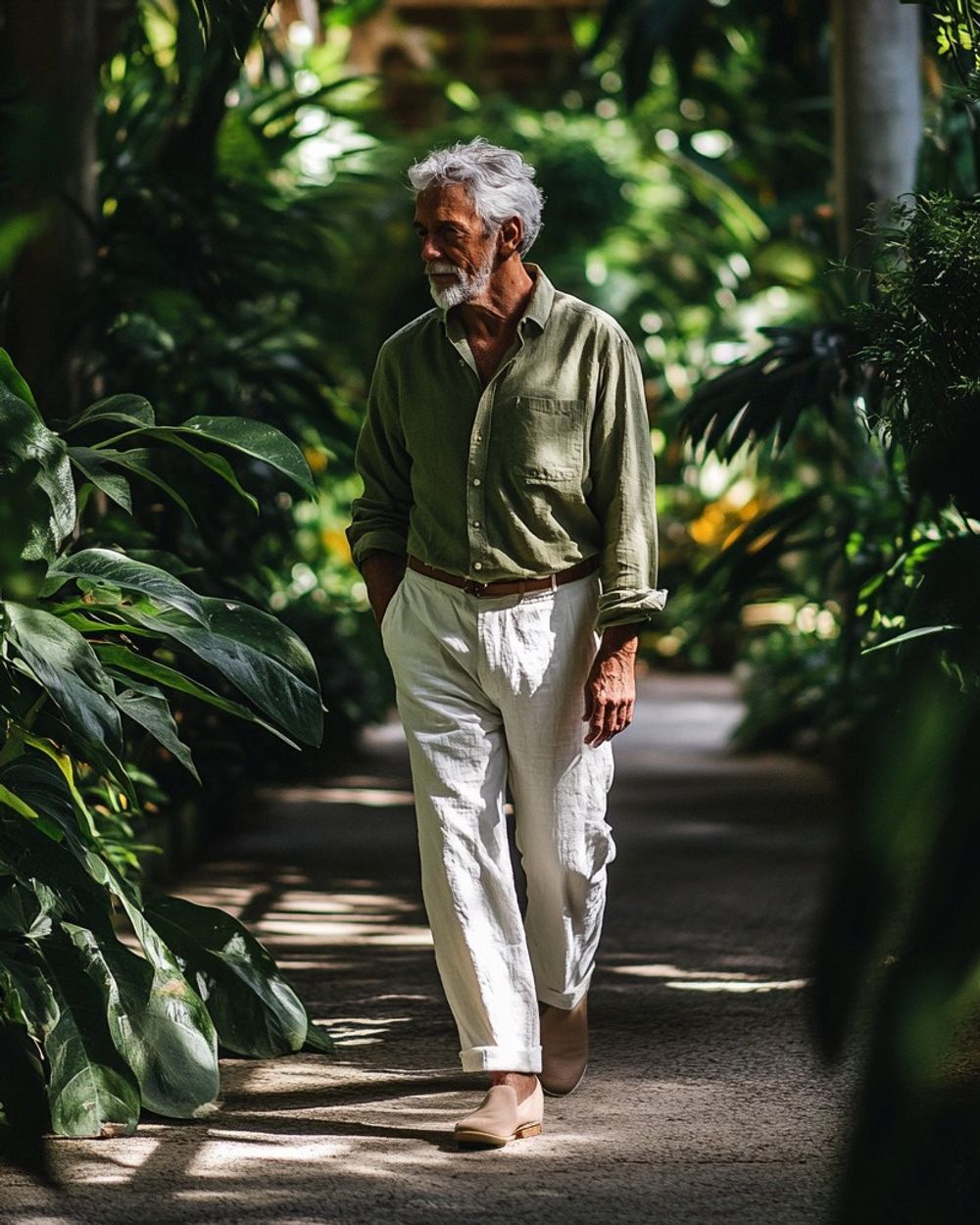 Olive Green Linen Shirt with White Linen Trousers