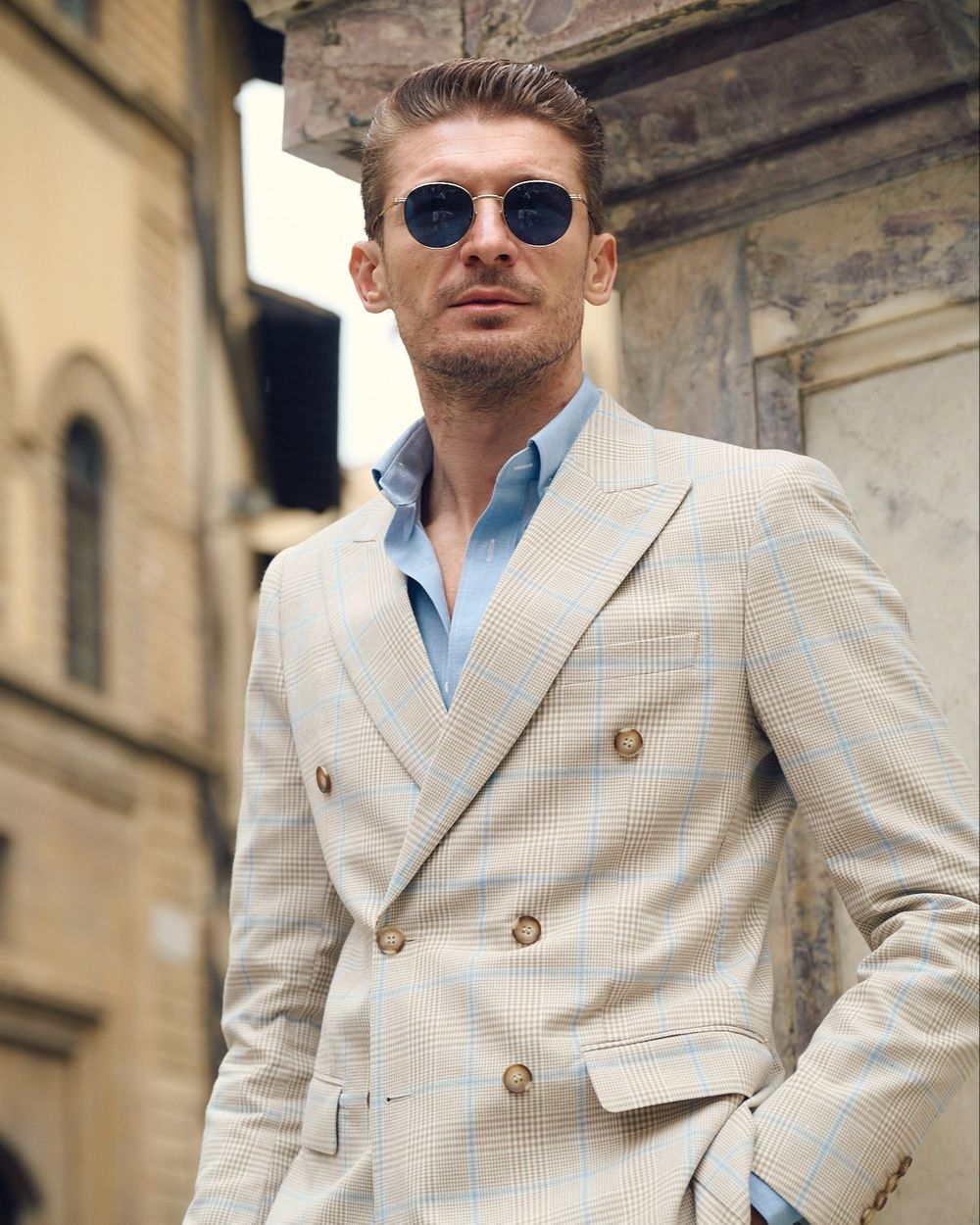 Checked Beige Double-Breasted Suit with Light Blue Shirt