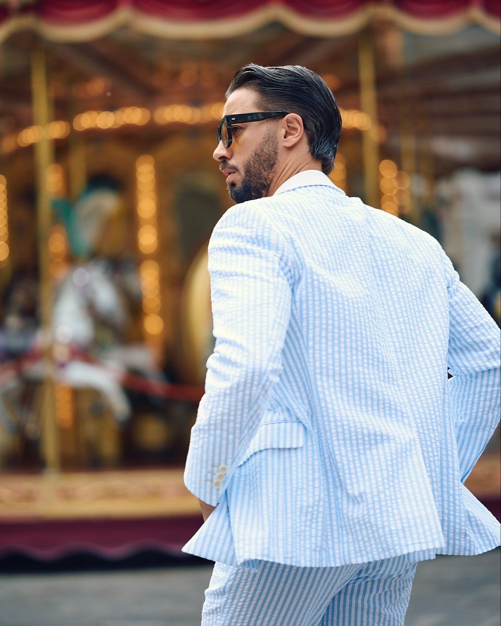 Sky Blue Seersucker Suit with White Polo Shirt