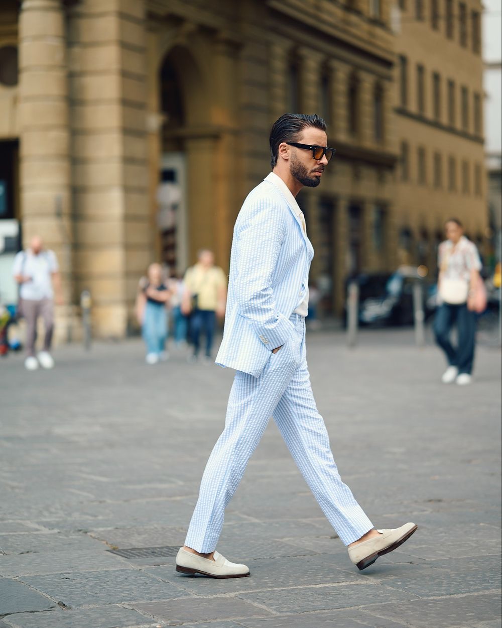 Sky Blue Seersucker Suit with White Polo Shirt