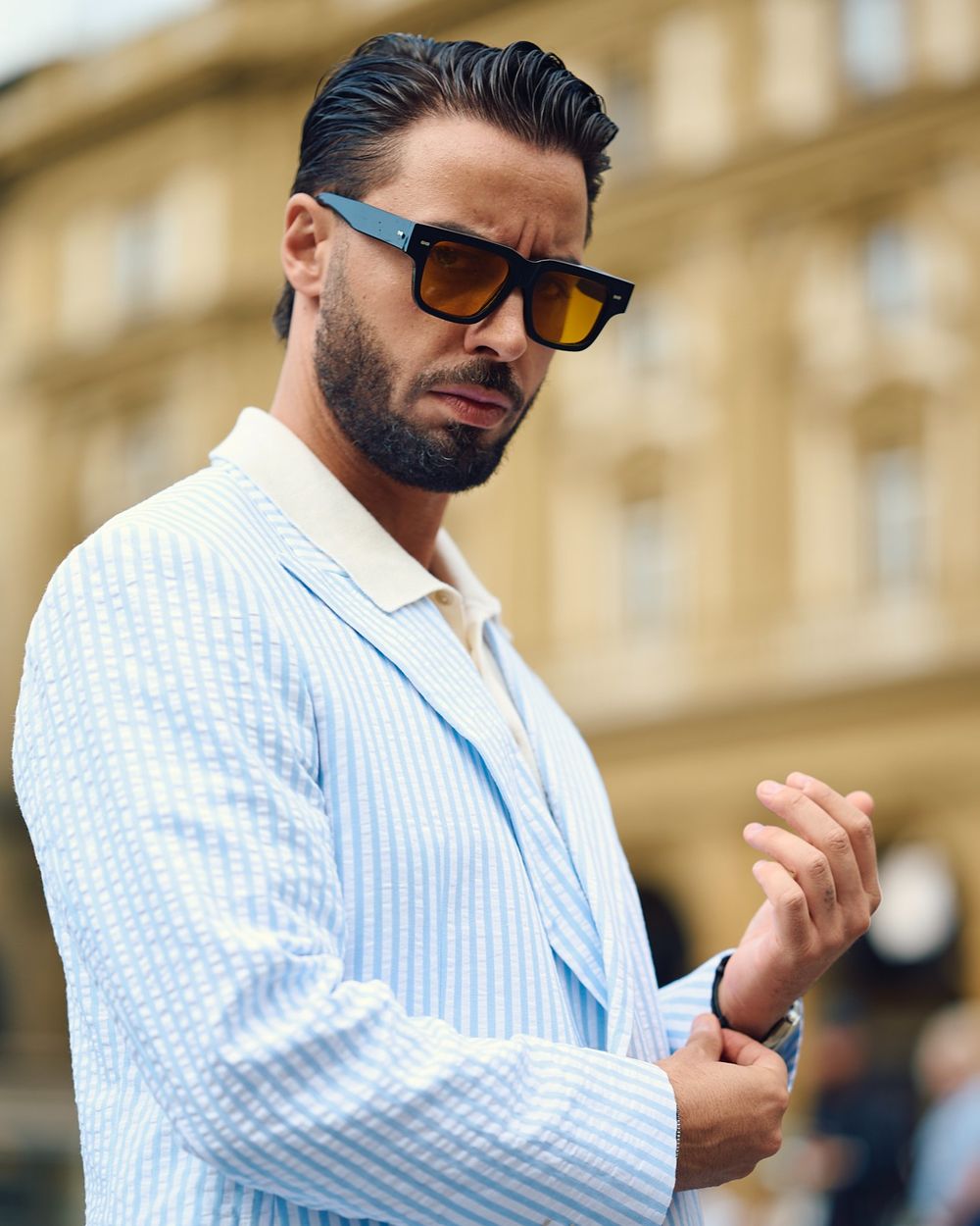 Sky Blue Seersucker Suit with White Polo Shirt