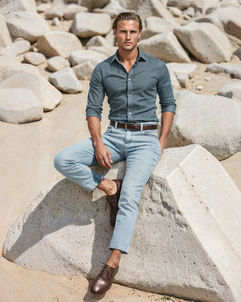 Slate Linen Shirt with Faded Blue Jeans