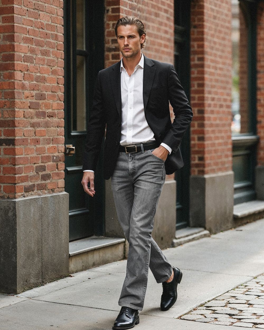Black Blazer with White Shirt and Grey Jeans
