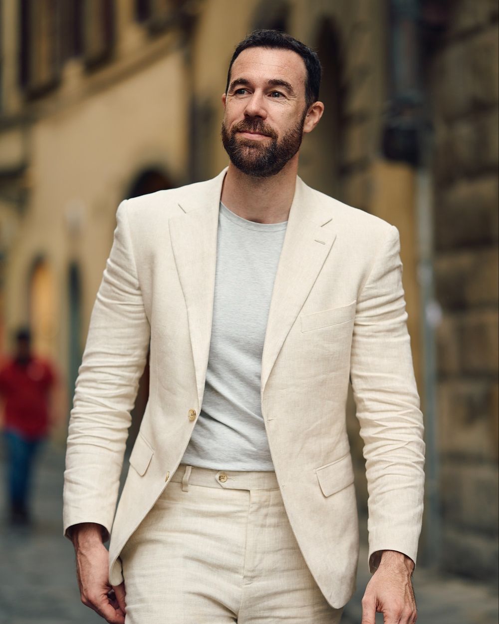 Cream Linen Suit with Light Gray T-Shirt