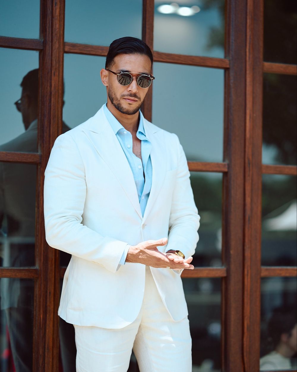 Ivory Linen Suit with Sky Blue Shirt