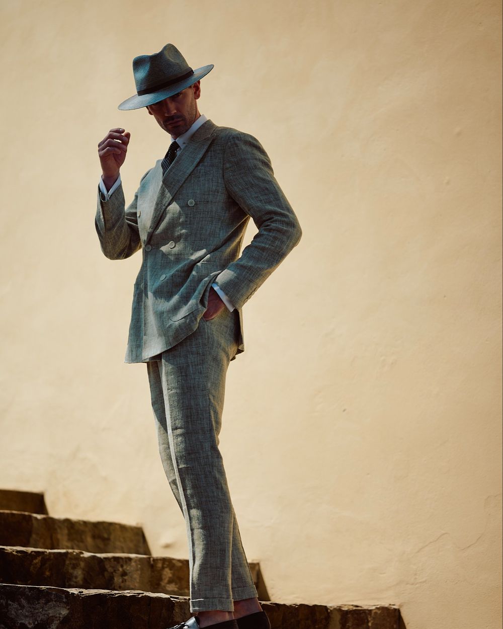 Mint Green Linen Suit with Black Loafers and Felt Hat