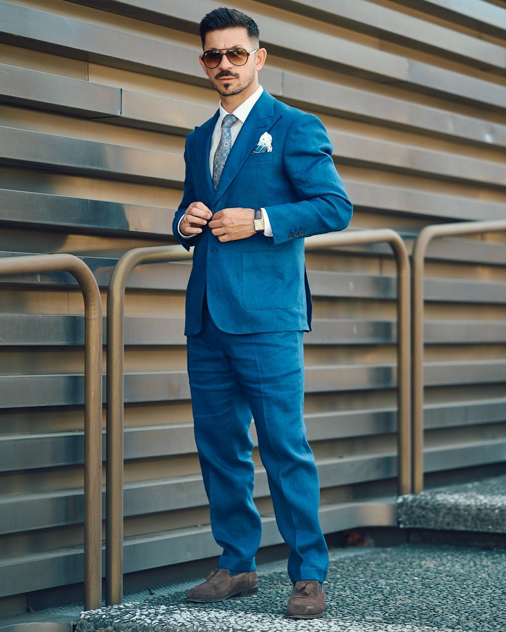 Royal Blue Suit with White Shirt and Patterned Tie
