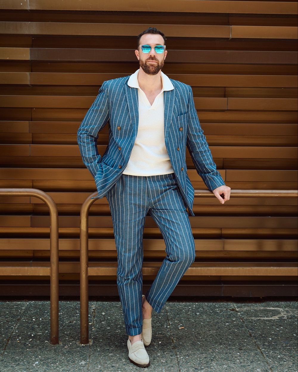 Blue Pinstripe Suit with White Cuban Collar Shirt