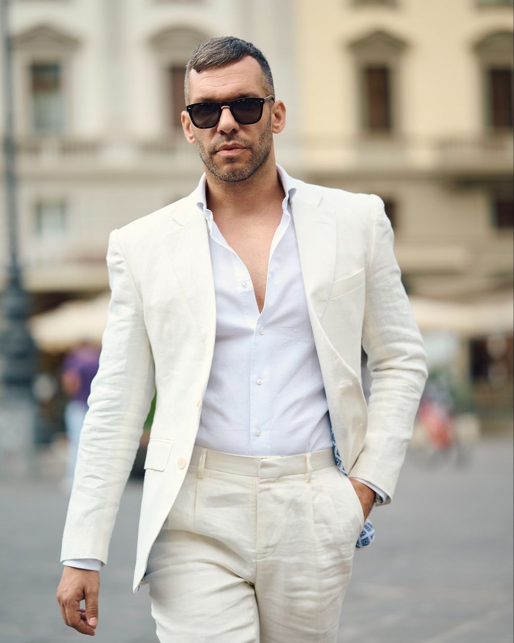 Cream Linen Suit with White Shirt