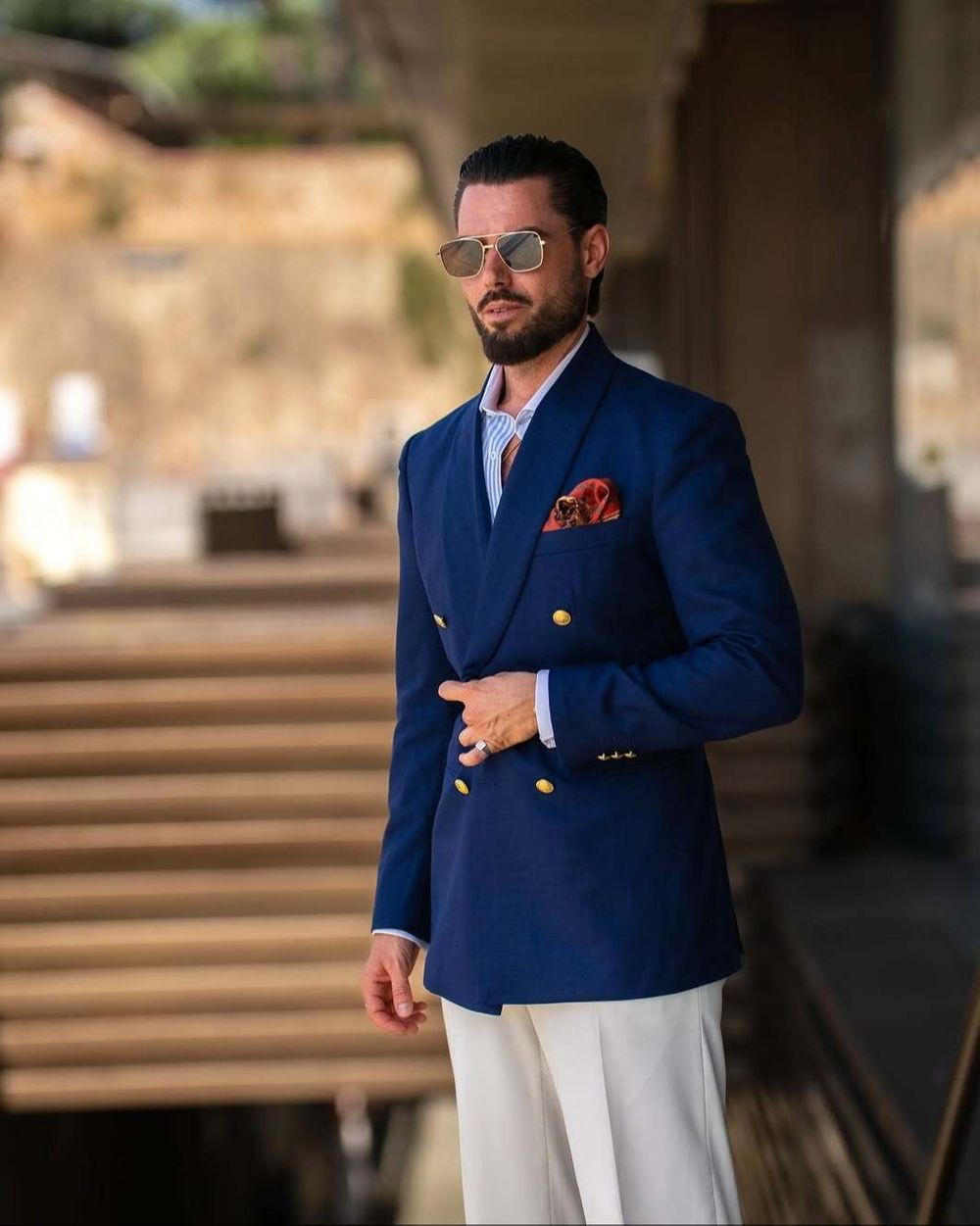 Royal Blue Double-Breasted Blazer with Light Trousers and Brown Loafers