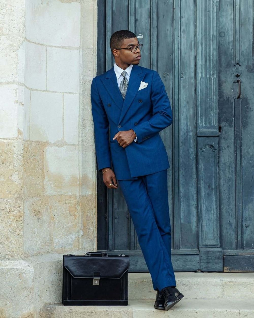 Double Breasted Striped Green Men's Suit, 6 Button Casual