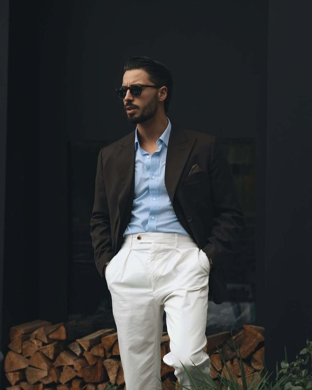 Dark Brown Blazer with Blue Shirt and White Pleated Trousers