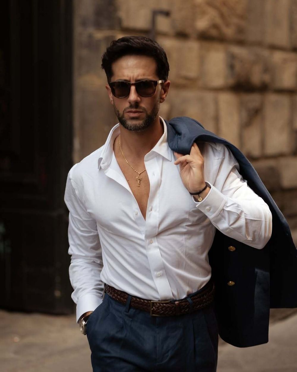 Open-Collar White Shirt with Navy Trousers