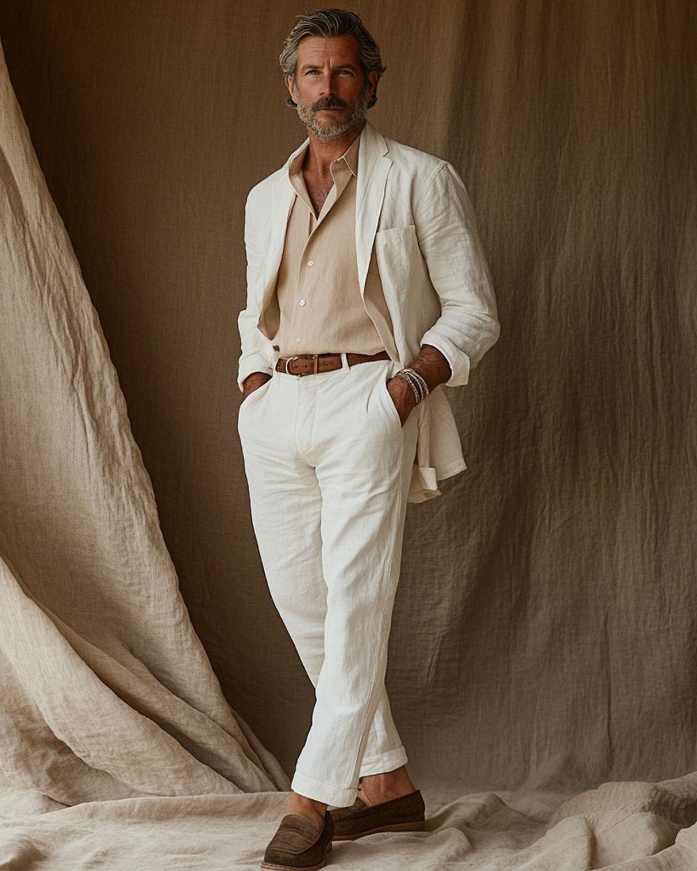 Ivory Linen Suit with Beige Shirt and Brown Espadrilles
