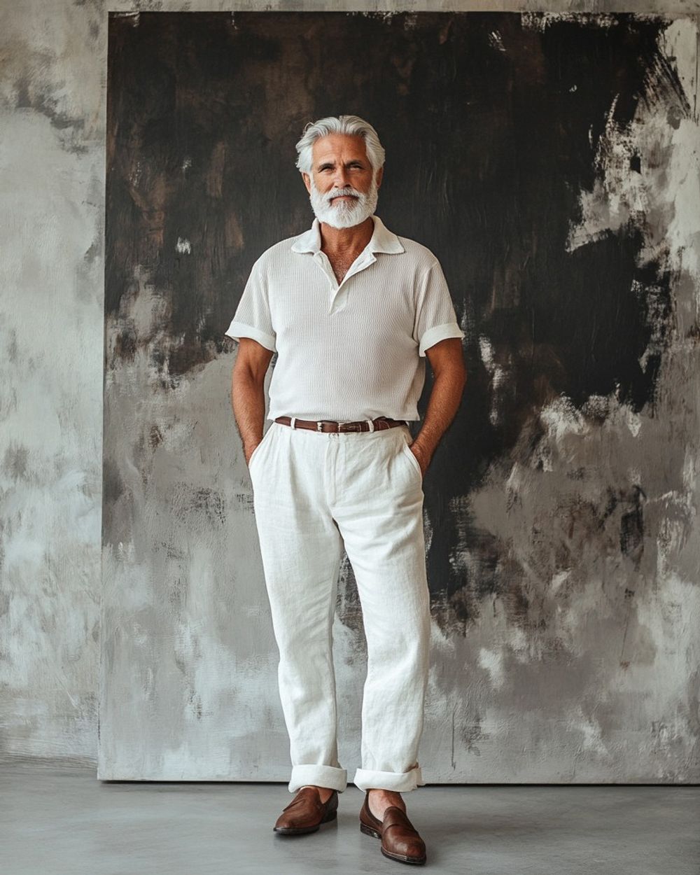 Textured White Polo with Rolled Linen Trousers