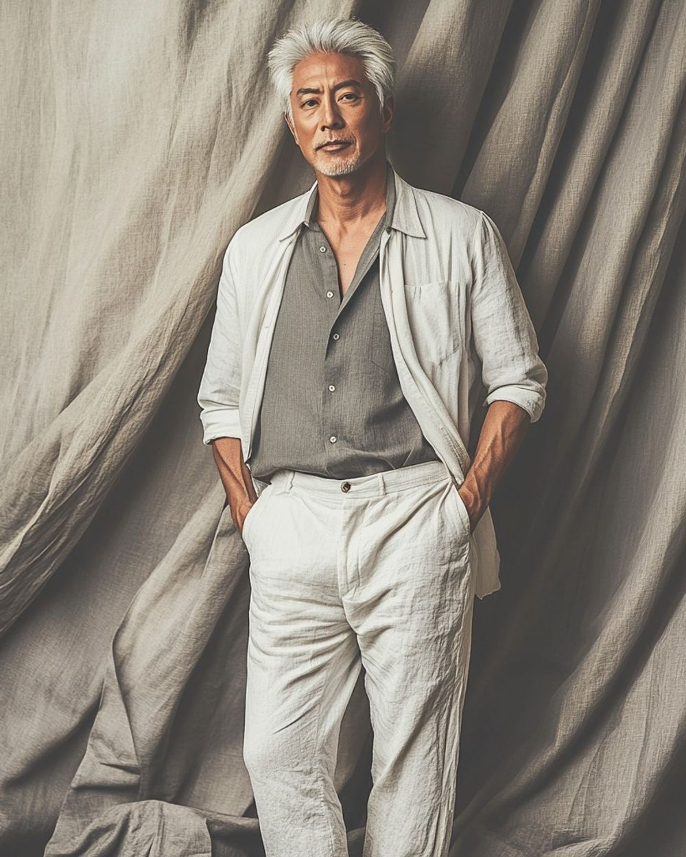 White Linen Set with Slate Gray Shirt