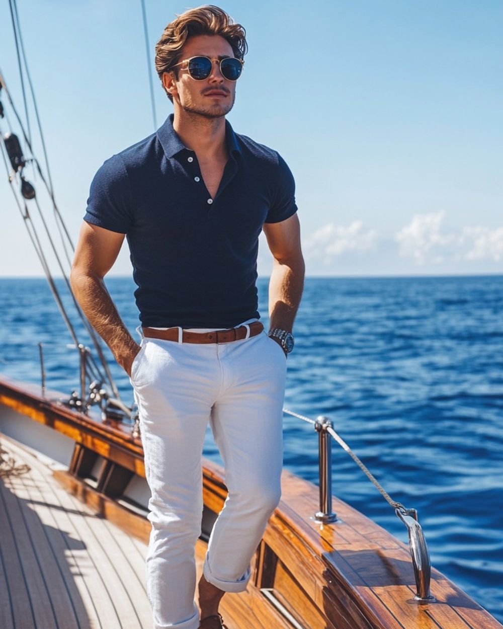 Navy Polo Shirt with White Linen Trousers