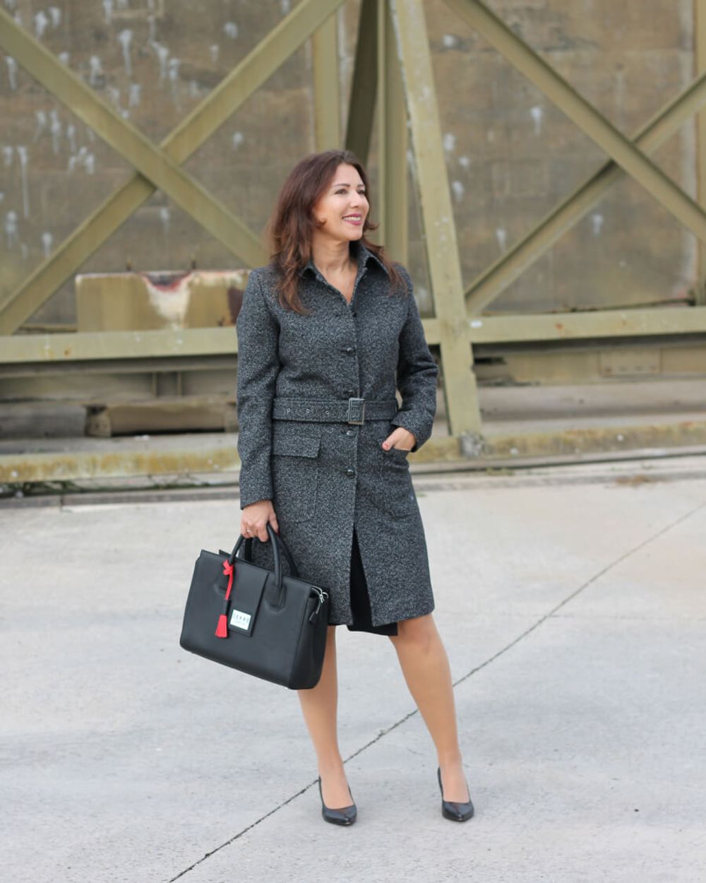 Gray Coat over Black and Red Wrap Dress | Sumissura