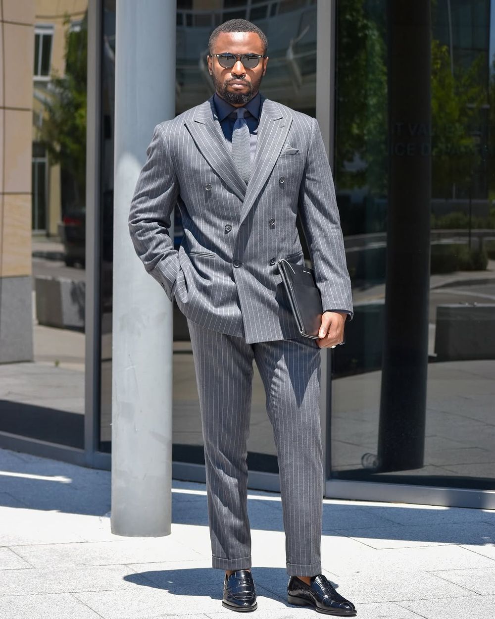 Gray Pinstriped Double-Breasted Suit with Gray Shirt