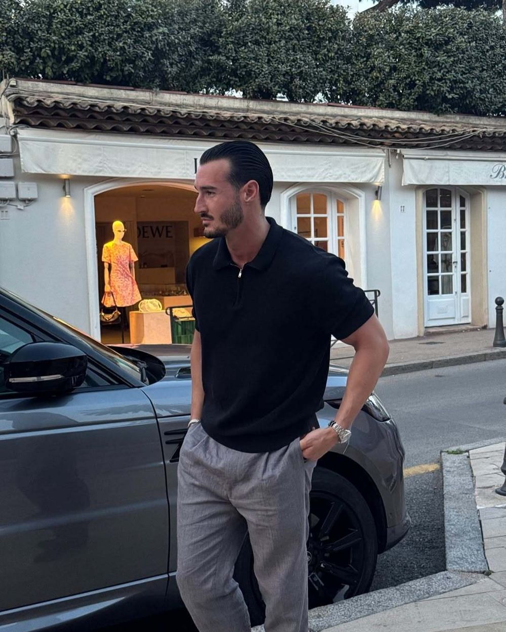 Black Polo Shirt with Gray Linen Trousers