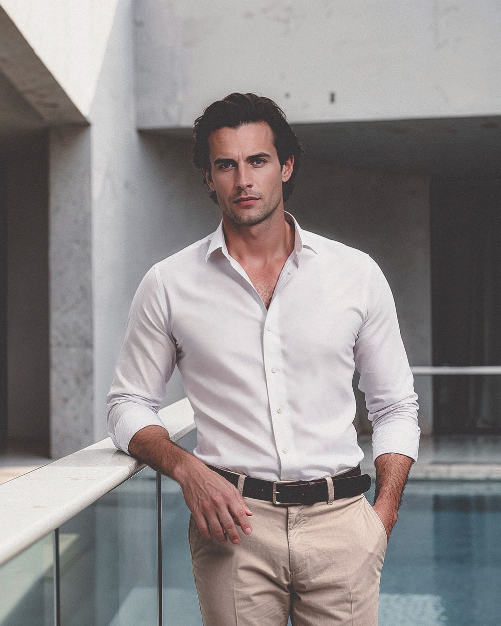 Ivory Shirt with Beige Trousers and Brown Loafers