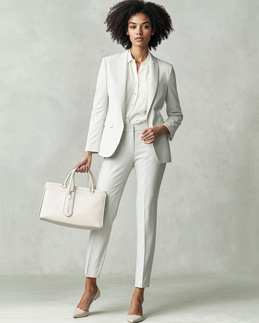 Light Gray Suit with Ivory Blouse and Matching Heels