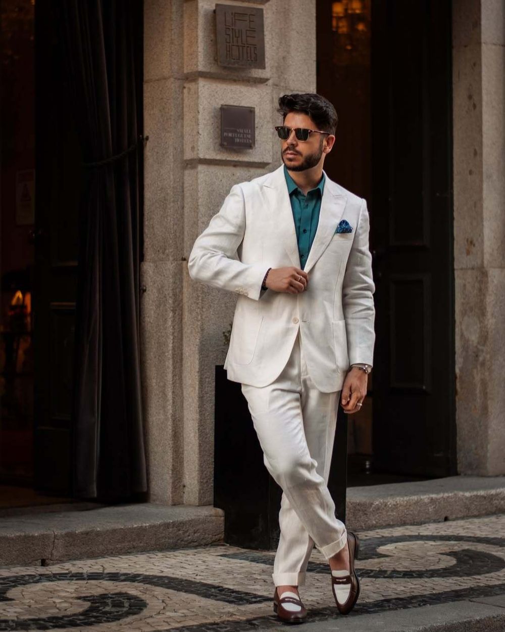 Ivory Linen Suit with Teal Shirt and Brown and White Loafers