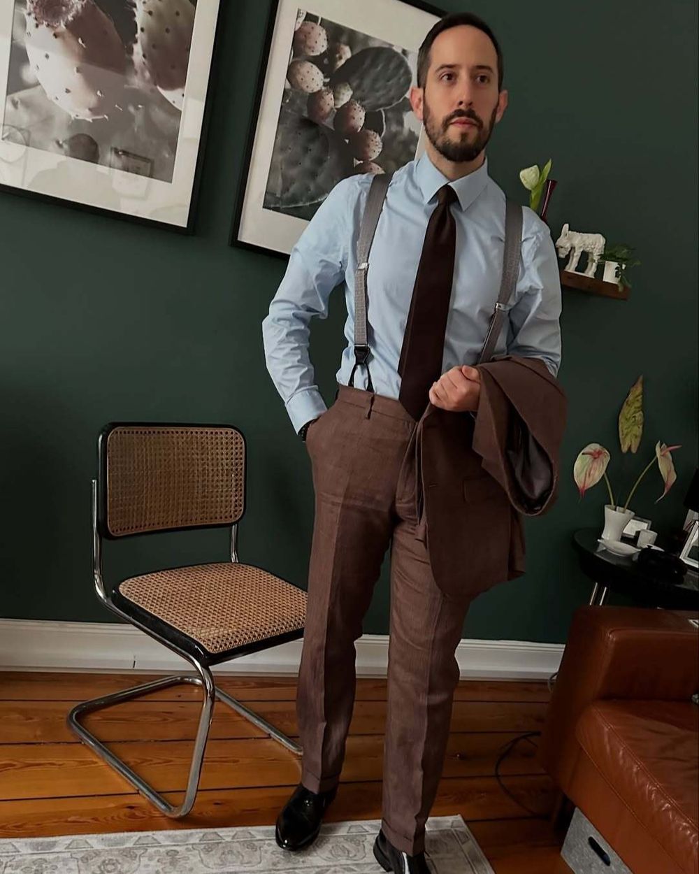 Chocolate Brown Wool Trousers with Light Blue Shirt and Suspenders